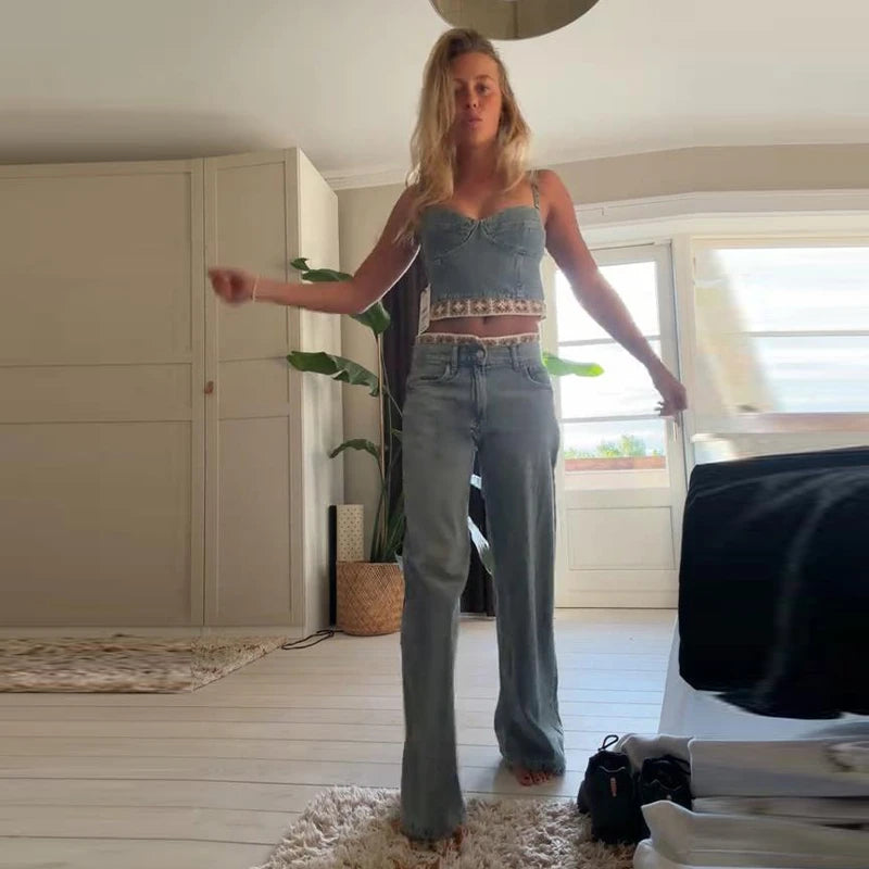 Crochet Splicing Cropped Top Jeans Set 2026 Summer New Ladies Sexy Backless Tank Top Straight Leg Denim Pants Women's Outfits