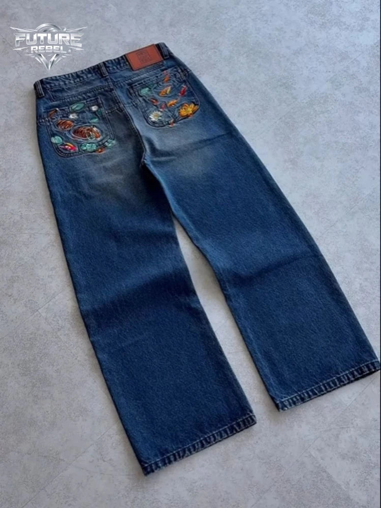 Mens Jeans Embroidery Goldfish Tiger Washed Denim Pants Harajuku Unisex Loose Fit Straight Leg Dark Blue Casual Streetwear New