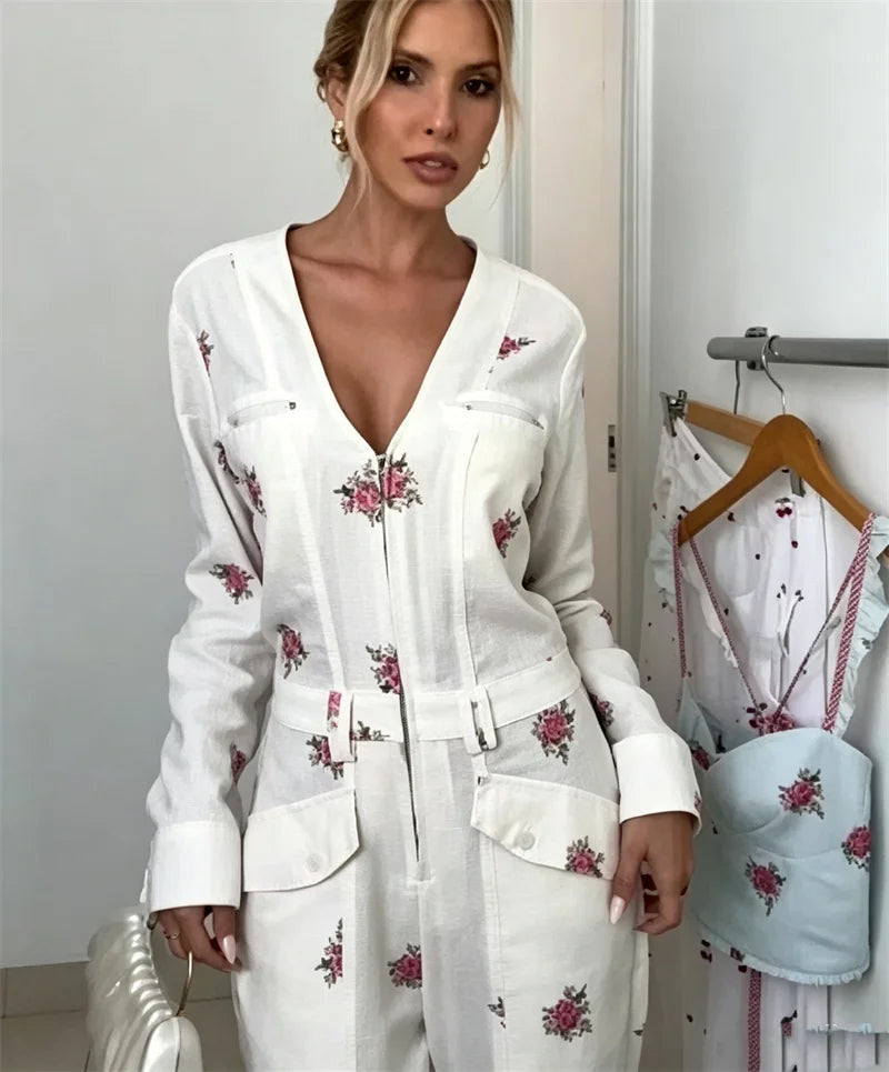 Guobioziy Women's Jumpsuit 2026 Early Fall New Arrival Fashionable Printed Long-Sleeve V-Neck Zipper Elastic Waist Jumpsuit
