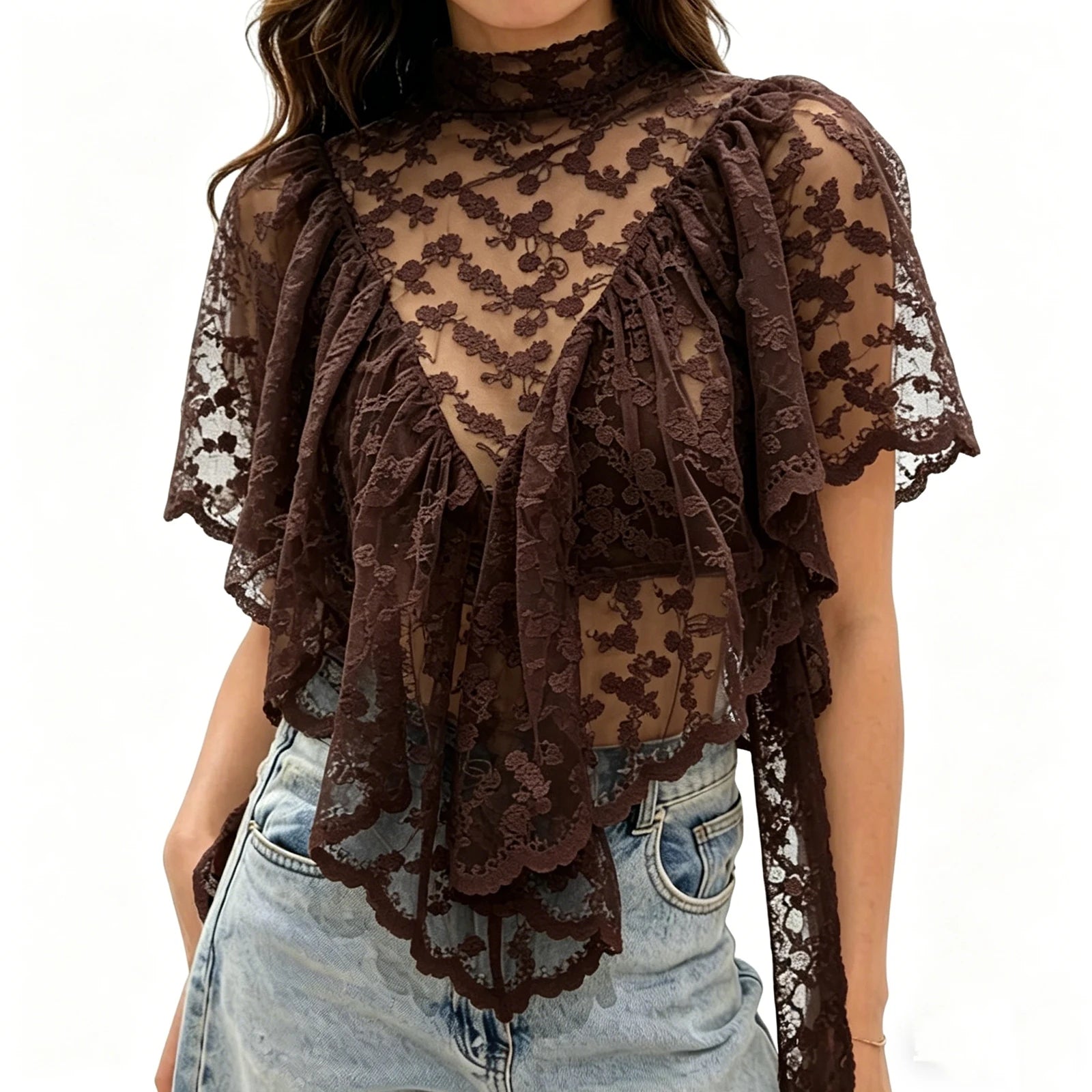 Women Summer Kawaii Grunge Lace Floral Embroidery T-Shirts Coquette Sexy Sheer Irregular Ruffles Flutter Sleeve Loose Shirts Top