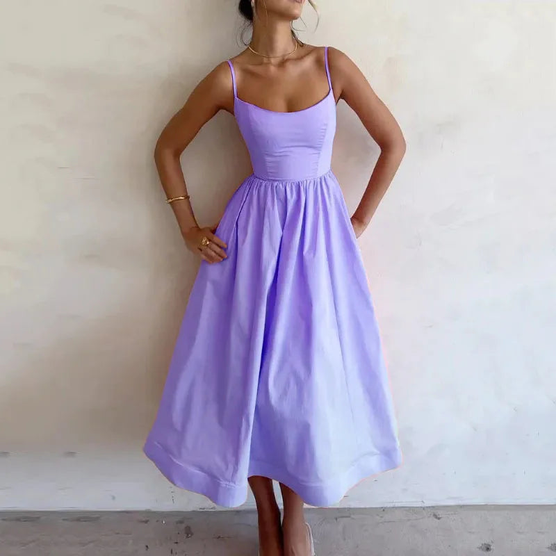 Summer U-neck Casual Female Vintage Elegant Spaghetti Strap Dress Women Elegant Solid Sleeveless A-line Midi Women's Dresses