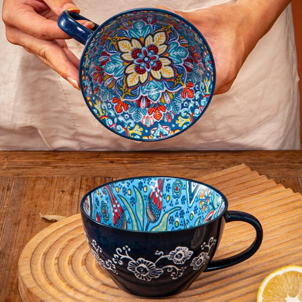 Creative Ceramic Bohemian Breakfast Cup Retro Flower Pattern Coffee Mug Microwaveable Large Capacity Milk Cup Friend Gift
