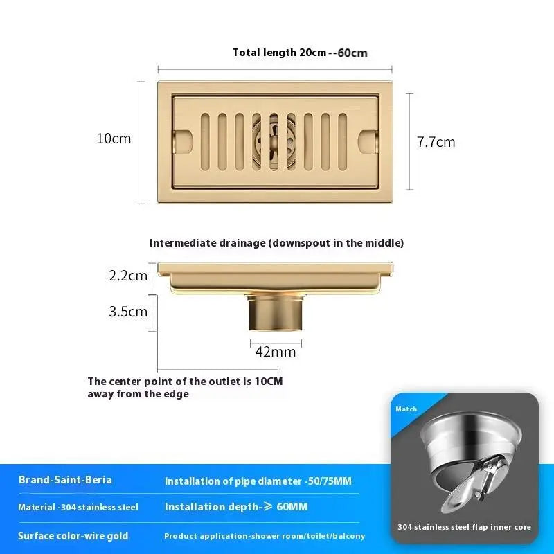 20/30/40/50/60cm Stainless Steel Shower Floor Drain Bathroom Rectangle Linear Floor Drainage Floor Drain with Strainer Covern
