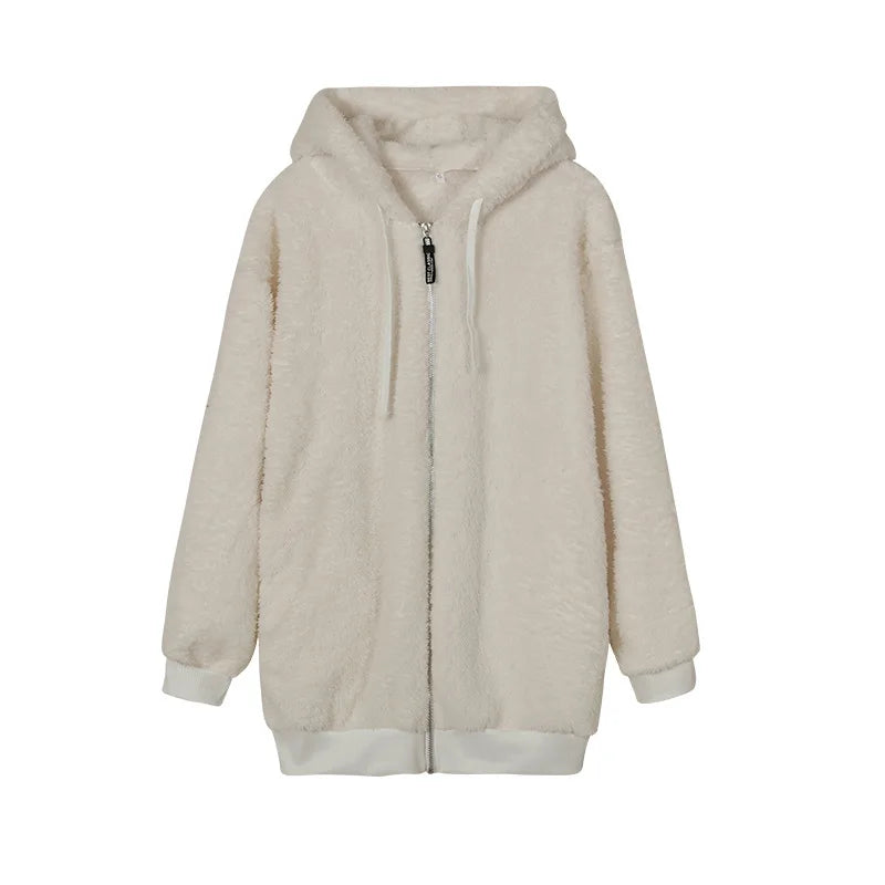 New Style Winter Fashion Women's Coat Casual Hooded Zipper Ladies Clothes Cashmere Women Fleece Jacket Solid Color Ladies Coats
