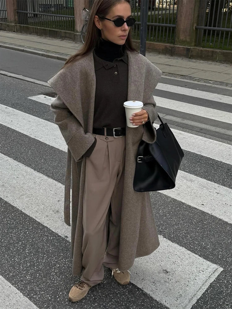 Navy Collar Lace Up Woolen Long Coat Women Elegant V-neck Full Sleeves Pockets Loose Overcoat 2026 Spring Lady Daily Street Wear