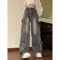 American Vintage Washed Multi-Pocket Cargo Jeans for Women High Waist Streetwear Loose Wide Leg Trendy Designer Denim Trousers