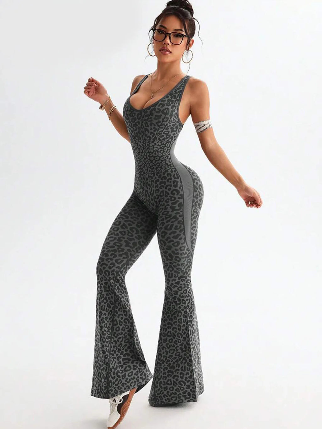 New Leopard Print Bodysuit Women Seamless Flared Pants Jumpsuits Sexy One-piece Fitness Suit Cross Back Stretchy Yoga Jumpsuits