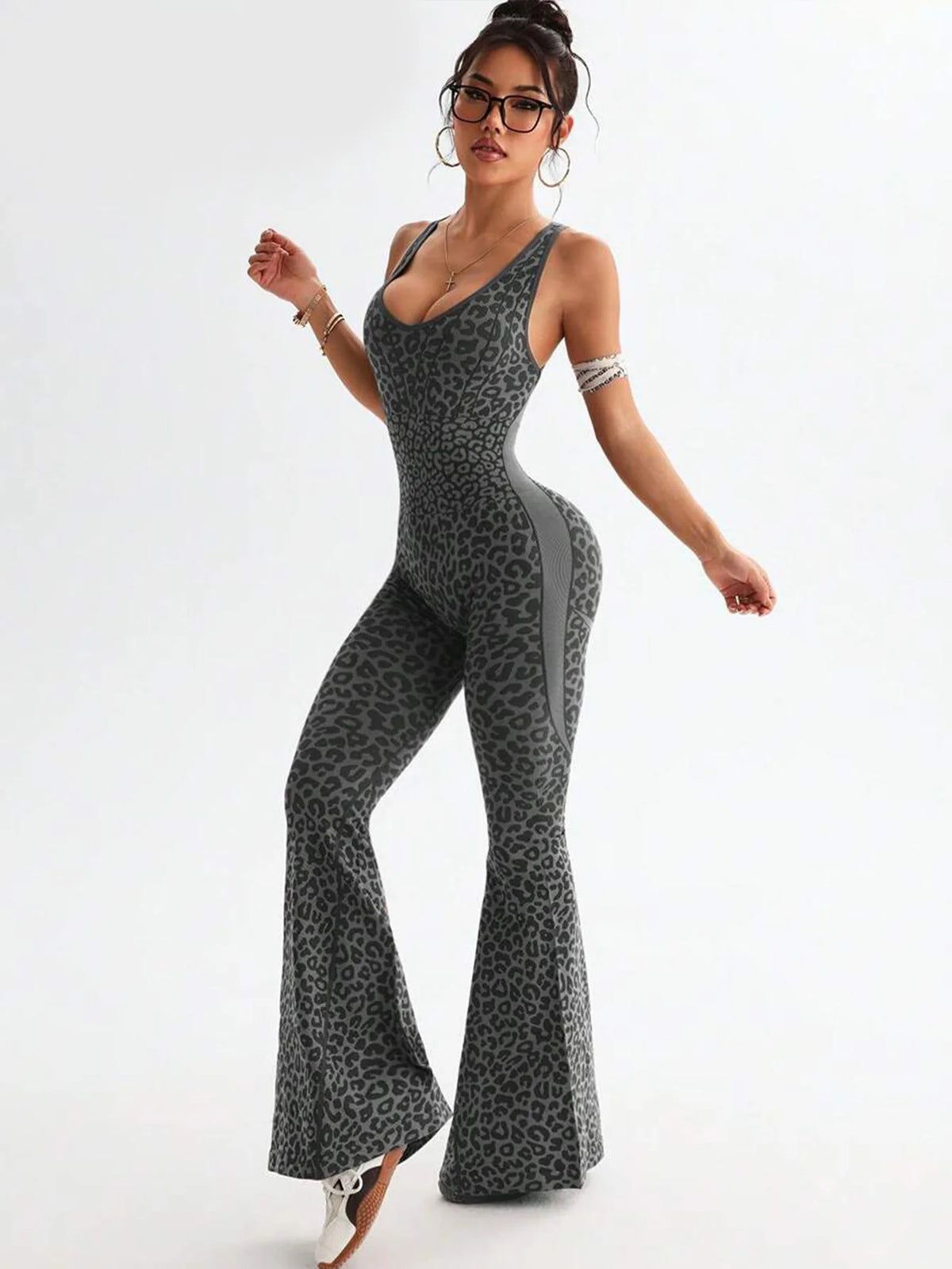 New Leopard Print Bodysuit Women Seamless Flared Pants Jumpsuits Sexy One-piece Fitness Suit Cross Back Stretchy Yoga Jumpsuits