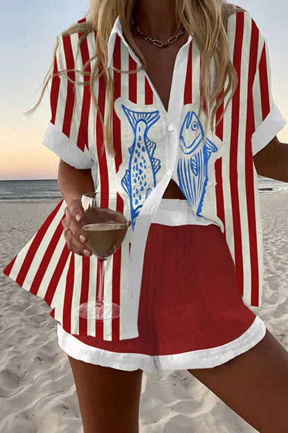 2025 New Summer Vacation Shorts Set 3D Printed Seaside Tropical Casual Lapel Shirt Blouse Top Shorts 2-Piece Suits Beach Holiday
