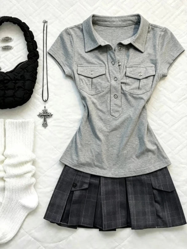 Women Retro Sweet Two‑Piece Outfit Plaid Short Sleeve Top High Waist Pleated Skirt Y2K Harajuku Style Hot Girl Summer Daily Suit