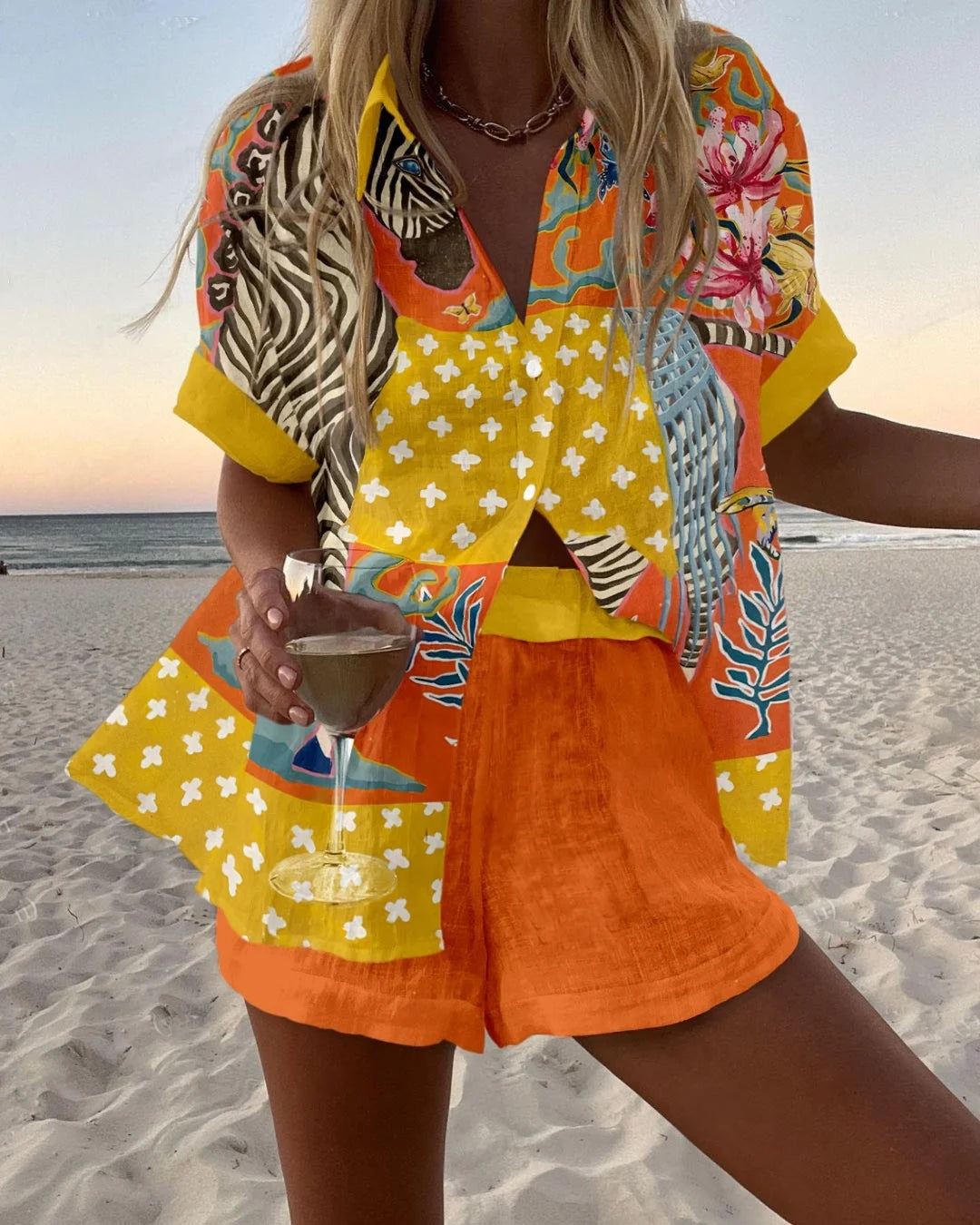 Fashion Women's Beach Holiday 2-Piece Suit Summer Print Short Sleeve Shirt Wide Legs Short Loose Two-Piece Sets Women Outfit