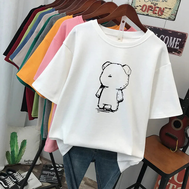 plus Size Women's Cotton T-Shirt Loose Fit Short Sleeve round Neck Print Design Comfortable Casual Style Korean Fashion