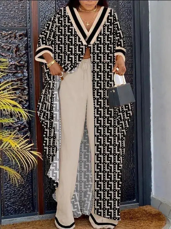 2 Piece Sets Women Print Suit Top Long Robe Wide Leg Pants Outfits Elastic Waist Lace Up Button V Neck Ensemble 2025 Office Lady