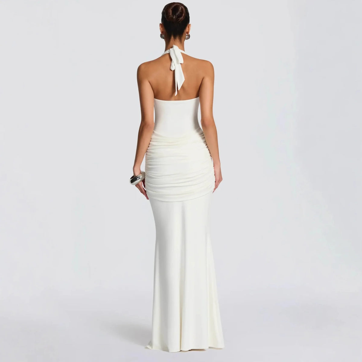 Stylish Lady Elegant Halter Neck Maxi Dress 2026 Summer Women White U-Neck Ruched Draped Sleeveless Bodycon Formal Party Dress