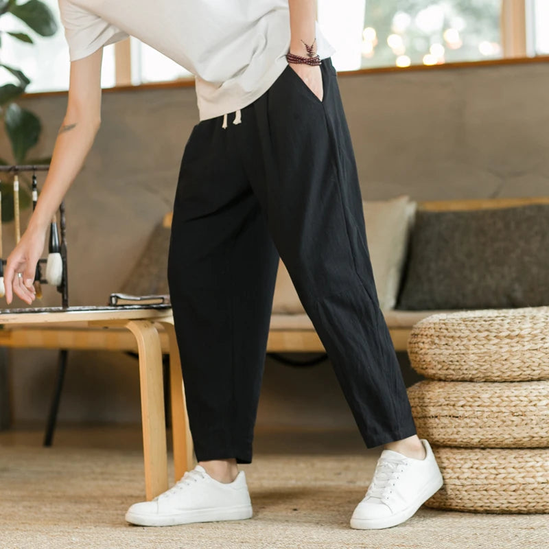 New Cotton Linen Mens Pants Casual Solid Color Breathable Streetwear Loose Straight Drawstring Baggy Lightweight Sport Pants
