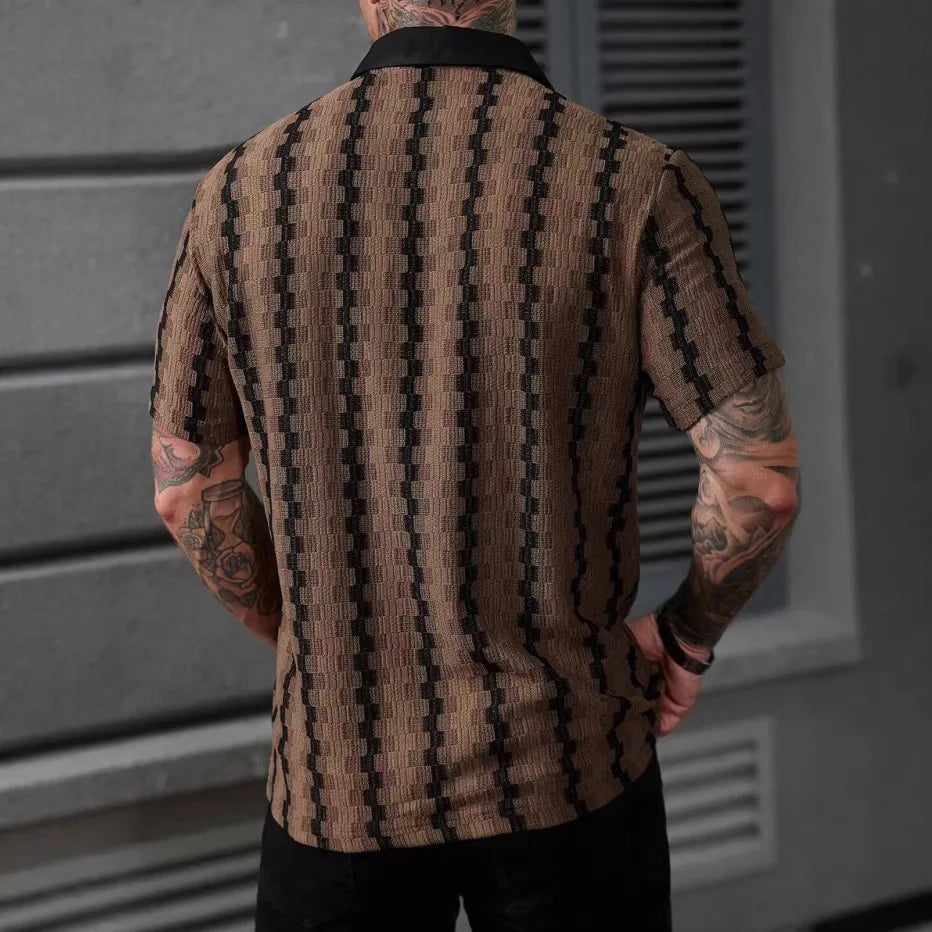 Classic Plaid Striped Knitted Shirt Men Summer Short Sleeve Button Down Turn-down Collar Vintage Slim Fit Knit Cardigan Tops