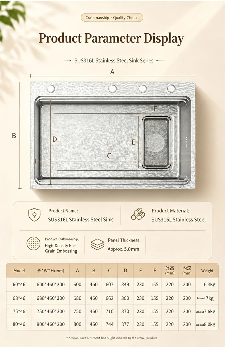 316L Stainless Steel Kitchen Sink Undermount Sinks Antiscratch Rice Granule Embossing Large Single Slot Dish Wash Basin