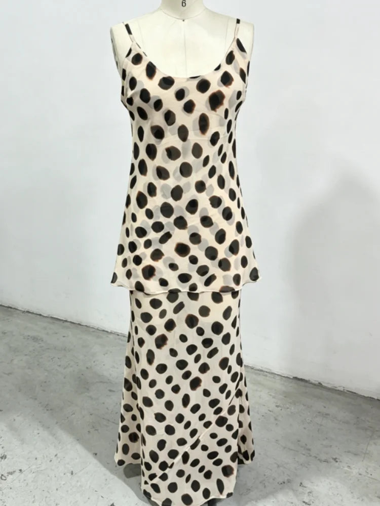 Elegant Animal Print Maxi Dress Detachable Scarf Spaghetti Strap Tie Waist Slim Fit Skirt Women Summer Party Vacation Outfit New