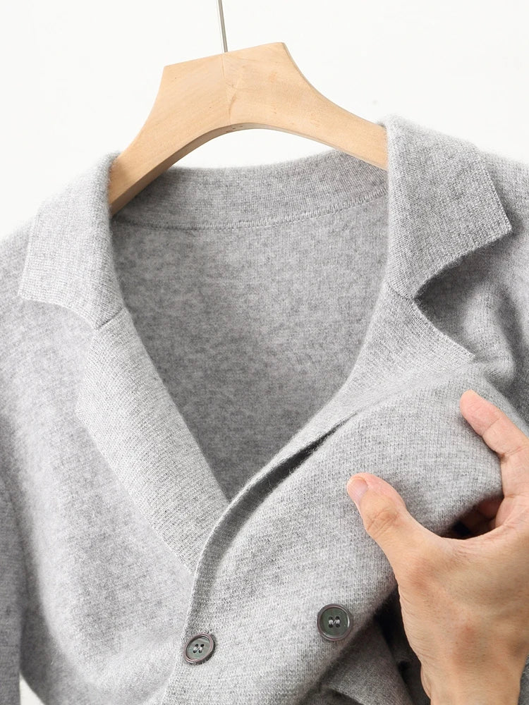 100% Merino Wool Sweater Men's Suit Collar Cardigan Smart Casual Knitwear Autumn Winter Cashmere Solid Coat Pockets Clothing Top