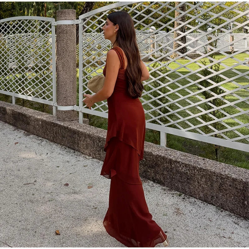 Elegant Patchwork Women's Dress Sleeveless Cascading Ruffle Skew-Collar Lady Long Dresses 2026 Summer Chic Female Vacation Robe
