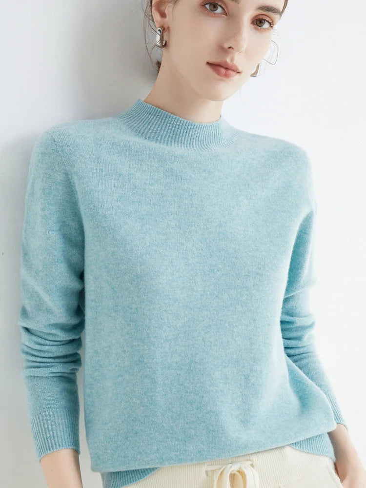 First-Line Seamless Women's Half-Turtleneck 100% Pure Wool Sweater Solid Color Long Sleeve Pullover Knitted Bottoming Sweater