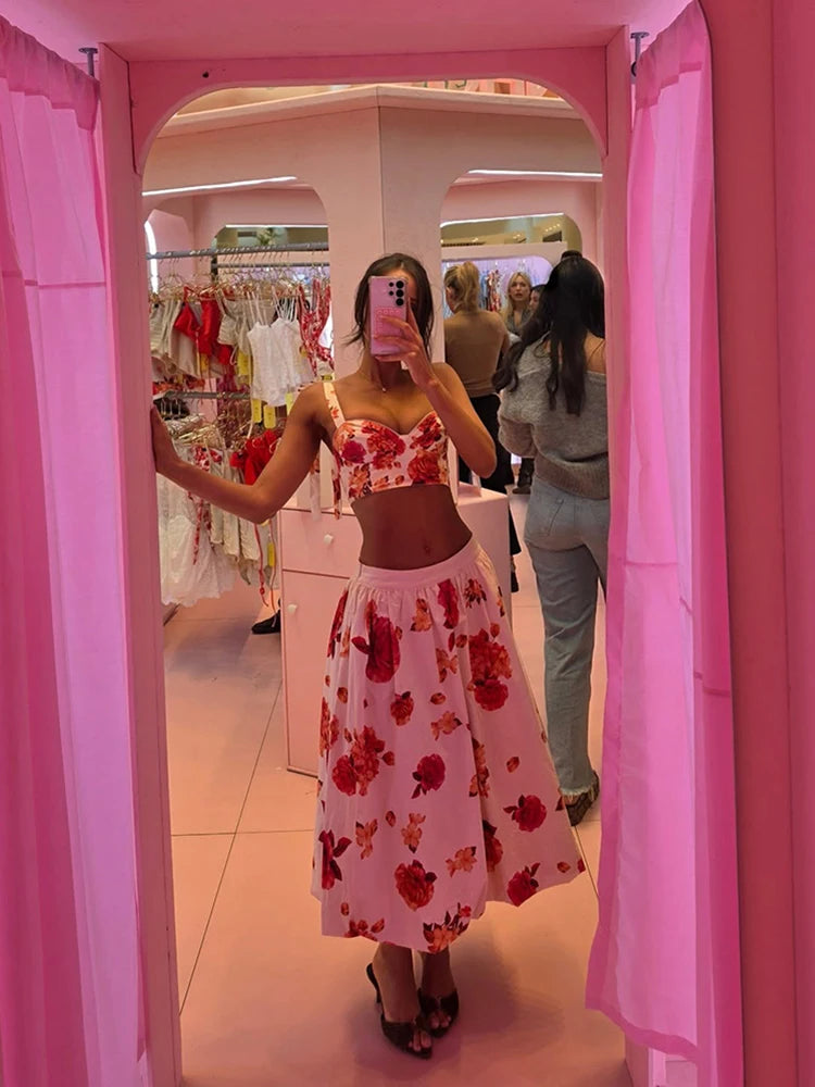 Elegant Floral Two Piece Set Sweetheart Crop Bustier High Waist Flowy A Line Midi Skirt Women Summer Daily Vacation Party Outfit