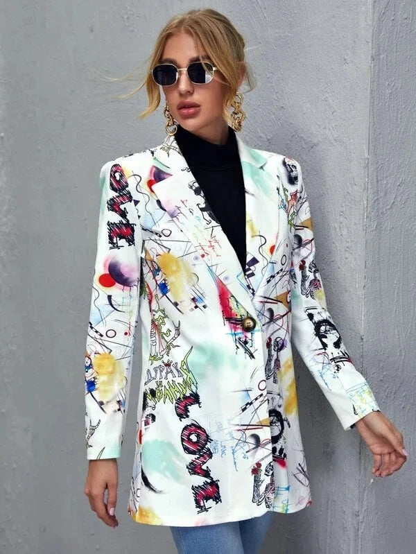 Vintage Graffiti Printing Blazer Women Jacket High Street Fashion 2021 New Spring Plus Size Elegant Lady Coat American Stylish