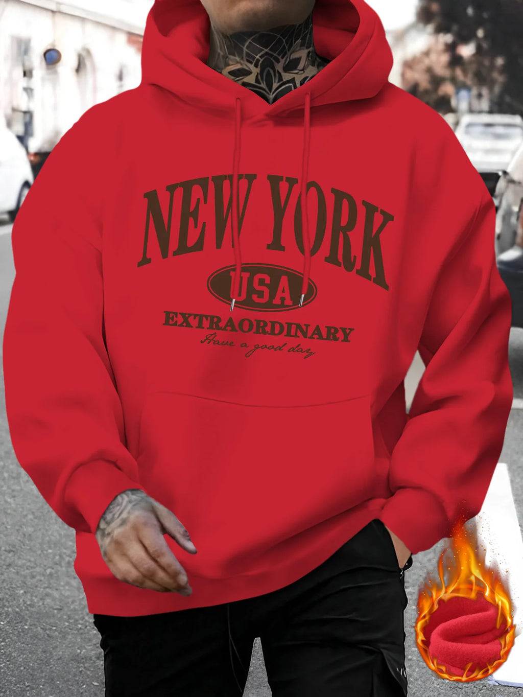 Men's New York Printed Casual Sweater Fashion Drawstring Hoodie Autumn and Winter Top Comfortable Versatile Long Sleeve Hooded Sweater (Niuwang Selection}