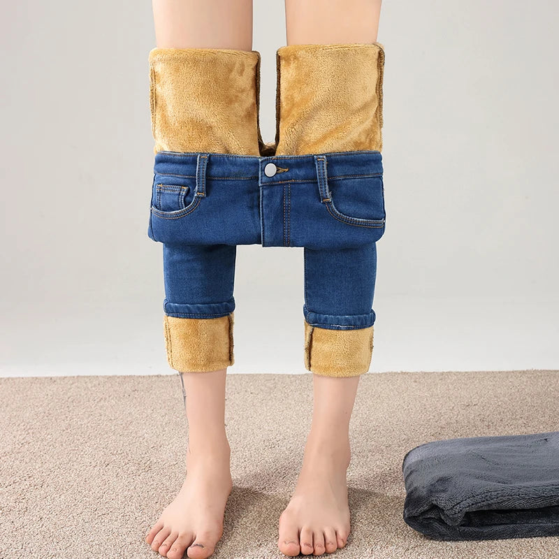 Women Thermal Jeans Winter Snow Warm Thickened Fleece Stretch Skinny Pencil Pants Fashion Korean Slim Fit Velvet Plush Pants