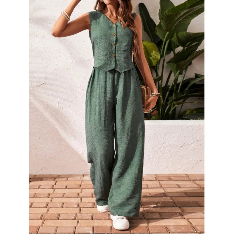 Two-piece Ladies Set 2026 Summer New Versatile Sleeveless V Neck Vest Tops Suits Fashion Casual Loose Tops Wide Leg Pants Sets