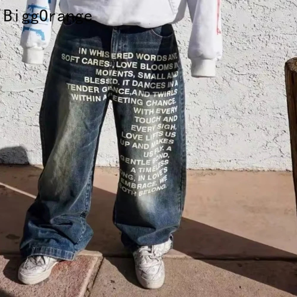 Trendy Jeans American Fashion High Street Trousers Letter Printed Pattern Wide Leg Y2K Men's Retro Gothic Casual Pants