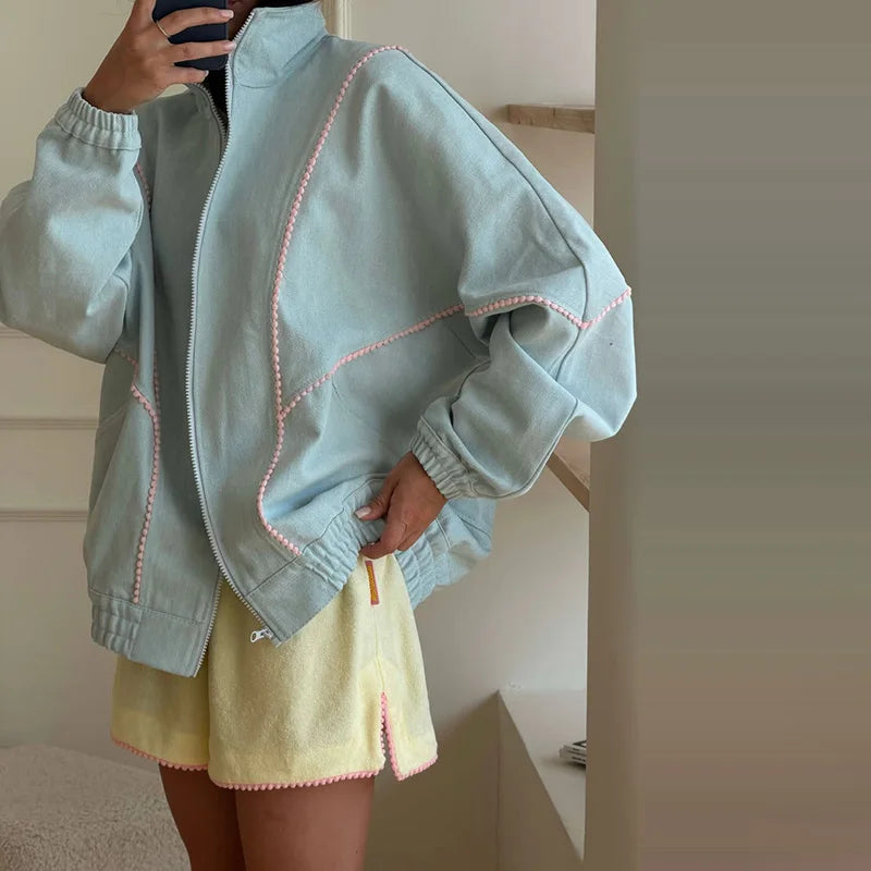 Polka Dot Cropped Windbreaker Jacket, Contrast Pink Seam Piping Side Pockets Loose Outerwear 2026 Autumn Street Daily Lady Coat