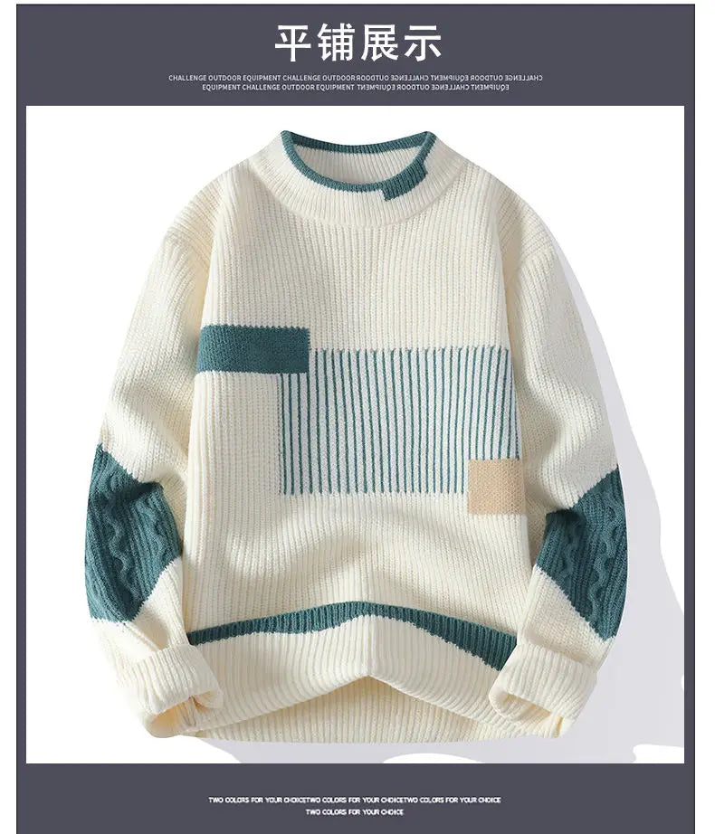 Mock Neck Knitted Sweater Men Women Autumn Winter Daily Casual Warm Knitting Pullovers Men's Fashion Patchwork Pullover Sweaters
