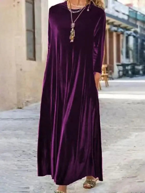 Elegant Velvet Long Sleeve Midi Dress for Women Spring Autumn New Style Casual High Waist A-Line Skirt Fashionable Dress