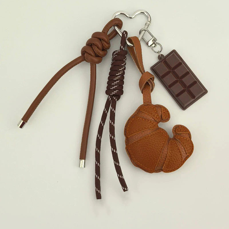 Cute Croissant Pendant Keychain Cartoon Bread Bag Charm Backpack Hanging Woven Rope Design Accessories Gift
