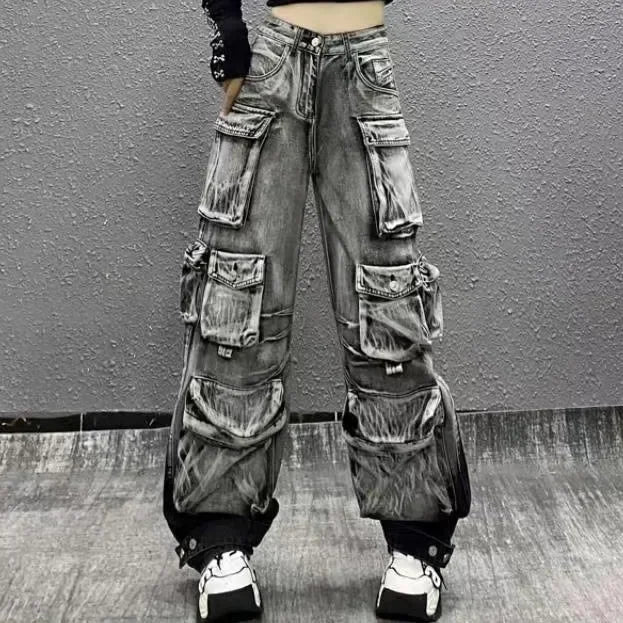 Jeans Women Denim Distressed Multi Pocket Y2k Streetwear Cargo Pants Casual High Waist Zipper Fly Winter Gradient Mom Jeans