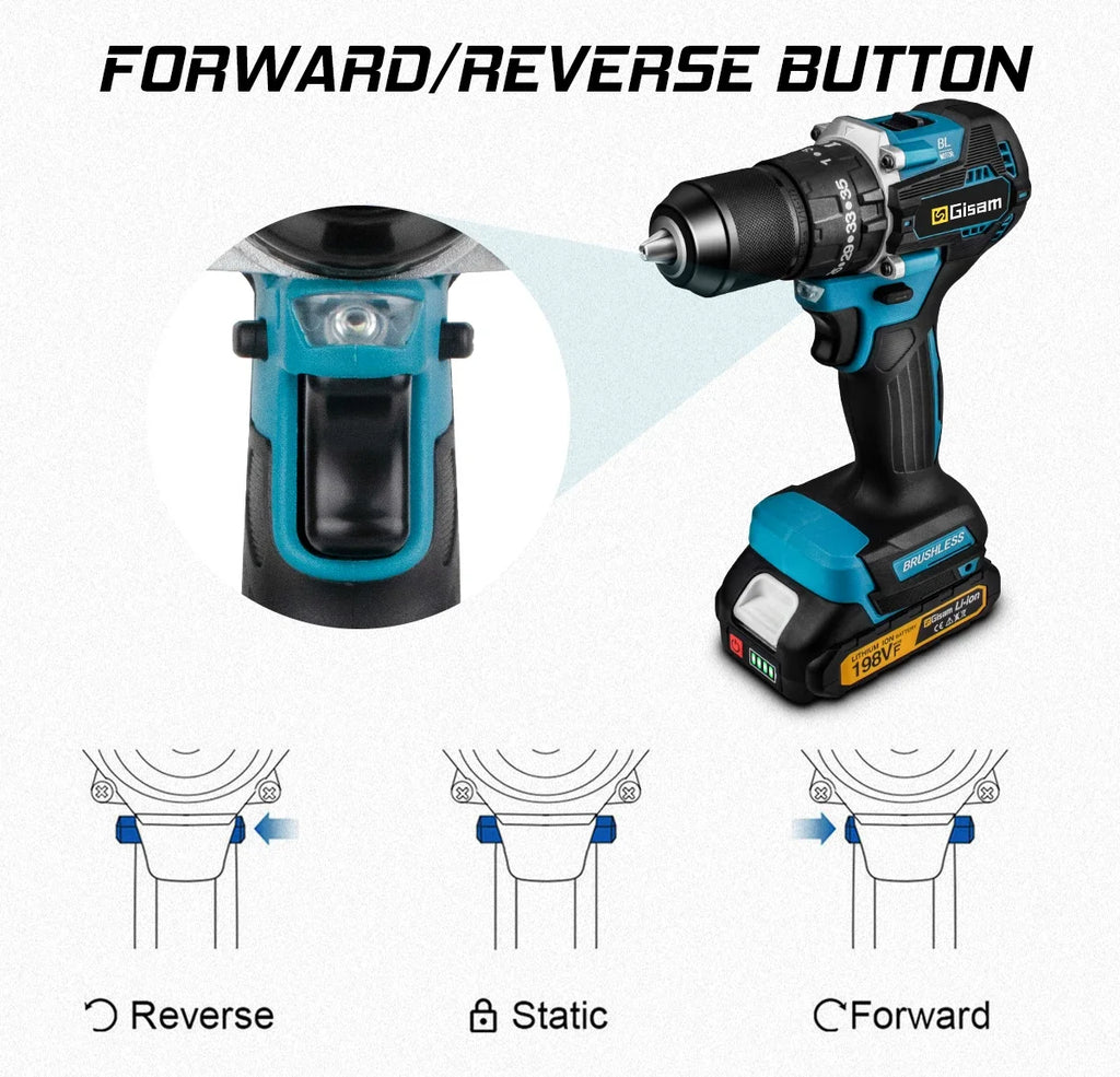 Gisam 13mm 35+3 Torque Brushless Electric Impact Drill Cordless Drill Electric Screwdriver Power Tool For Makita 18V Battery Pin