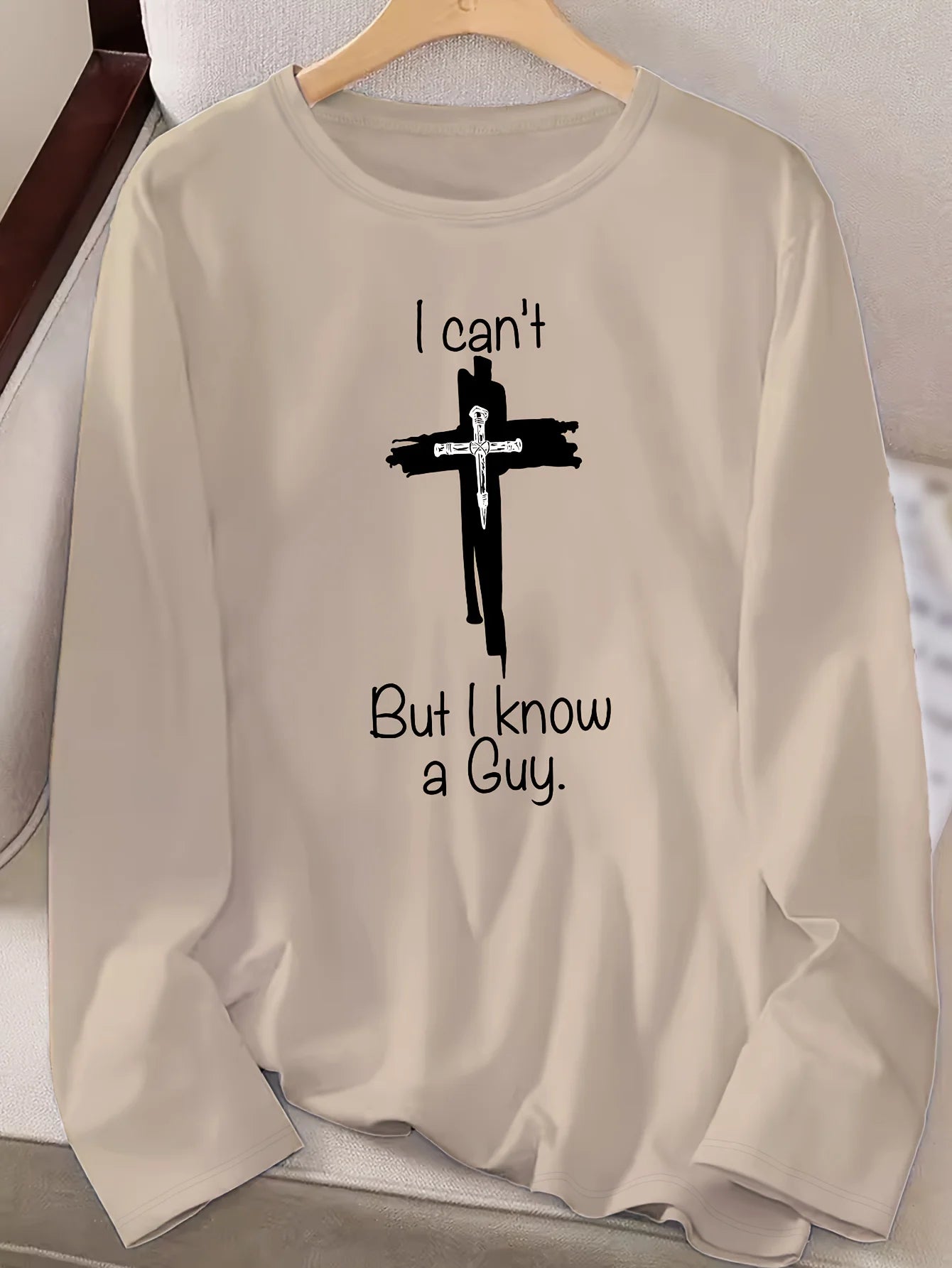 Women's Spring and Autumn 100% pure cotton fashionable casual loose Christian English printed round neck long sleeved T-shirt