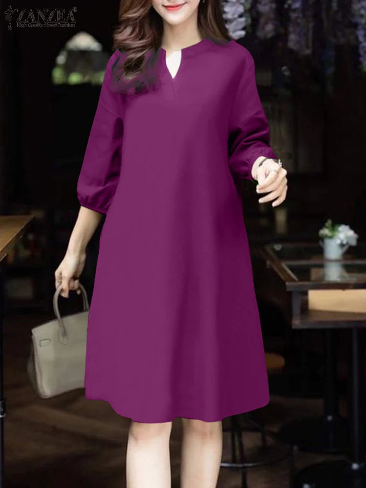 2025 ZANZEA Fashion Women V Neck 3/4 Sleeve Dress Autumn Sundress Elegant Solid OL Work Dresses Casual A Line Loose Vestido Robe
