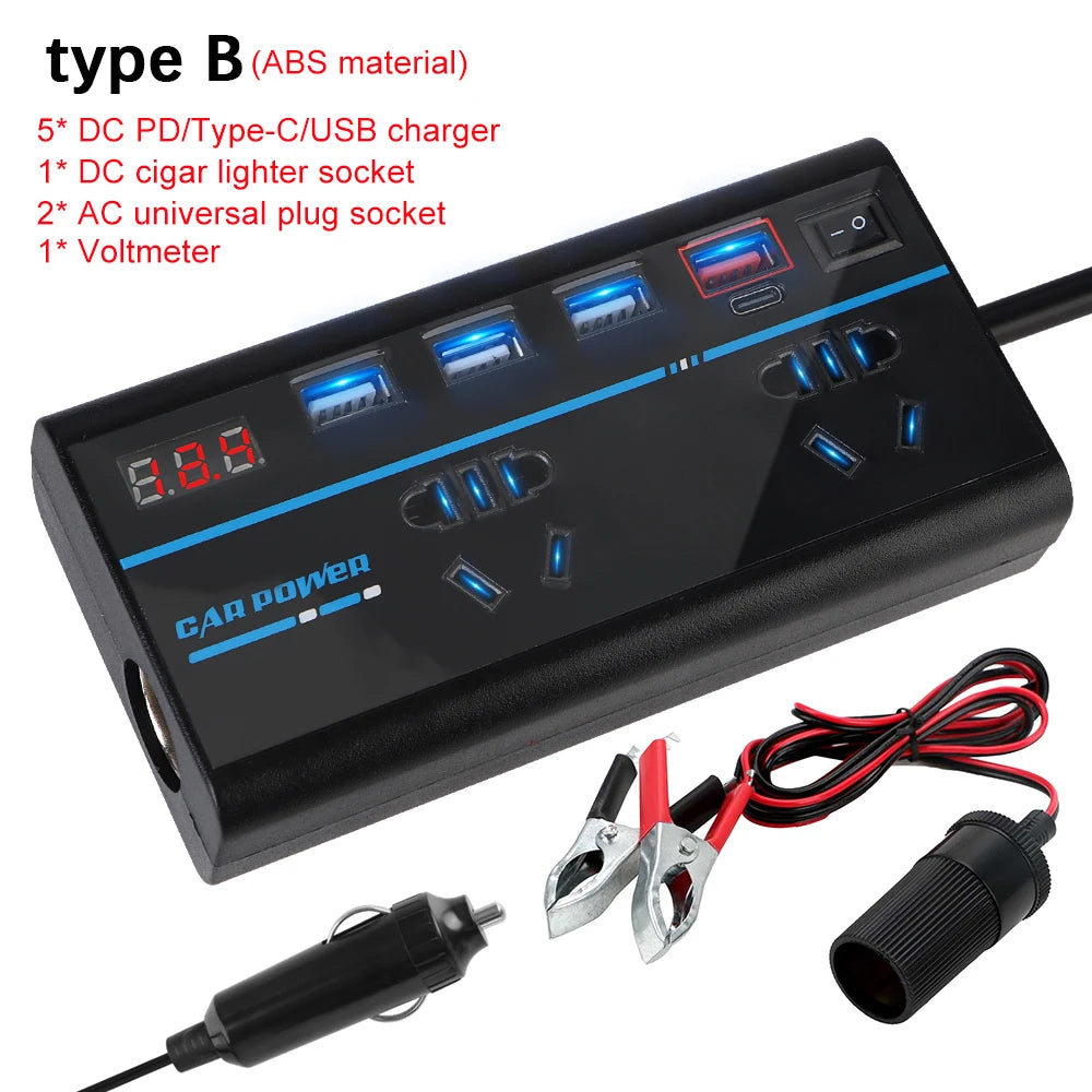 200W Inverter Storage Battery Converter DC 12V/24V To AC 110V/220V Splitter 8 Ports USB Chargers AC Power Socket Car Inverter