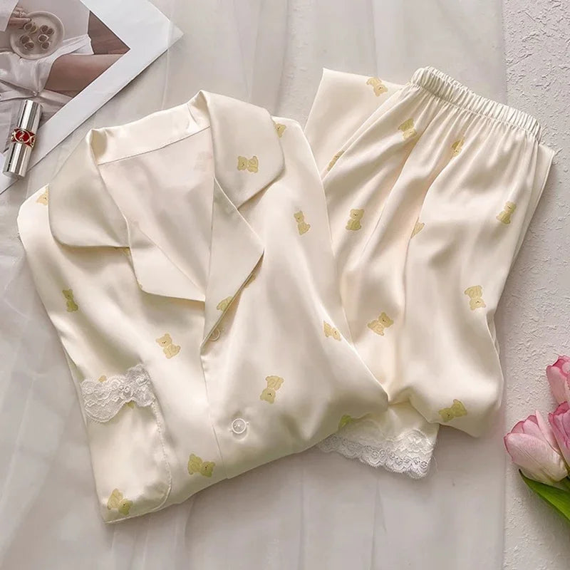 Japan & Korean Sweet Cartoon Bear Women Pajamas Kawaii Lace Classy Casual Nightgown 2024 New Autumn Cute Fashion Home Sleepwear