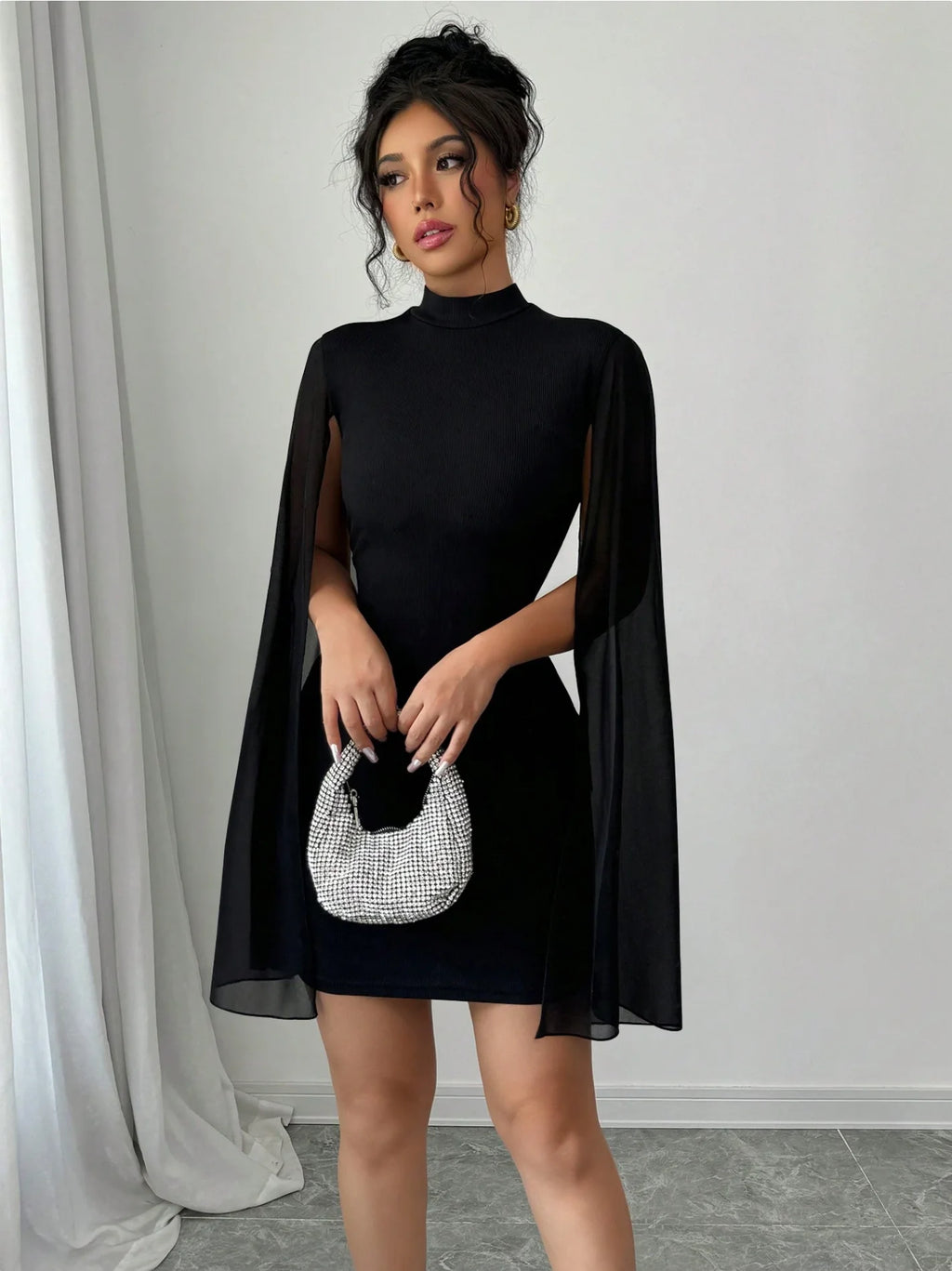 Sexy Women's Stand Collar Cape Mini Dress Sparkling Club Party Night Out Fitted Bodycon Elegant Autumn Winter
