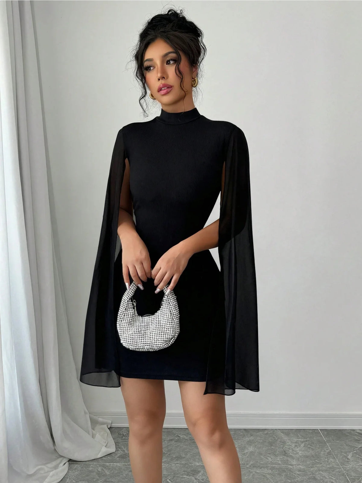 Sexy Women's Stand Collar Cape Mini Dress Sparkling Club Party Night Out Fitted Bodycon Elegant Autumn Winter
