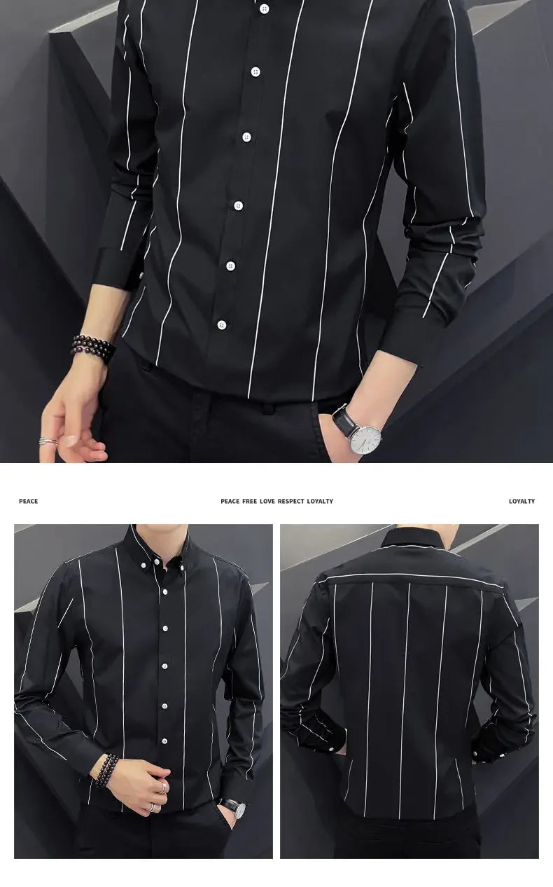 Stylish Men's Striped Shirt Printed Casual Business Dress Shirts Long Sleeve All-Match Slim Fit Fashion Korean Streetwear Shirts