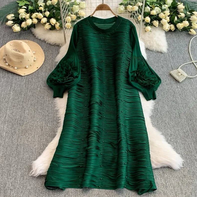 ANLAN Luxury Beading Hollow Out Tassels Pleated Miyake Dresses Women 3D Flower Splice Lantern Sleeve Loose Party Dress 2025 N