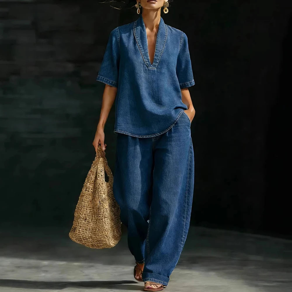 Women Denim Two Piece Set V Neck Half Sleeve Top T-Shirt Loose Wide Leg Pants Casual Outfit Streetwear Fashion Summer Suit Sets