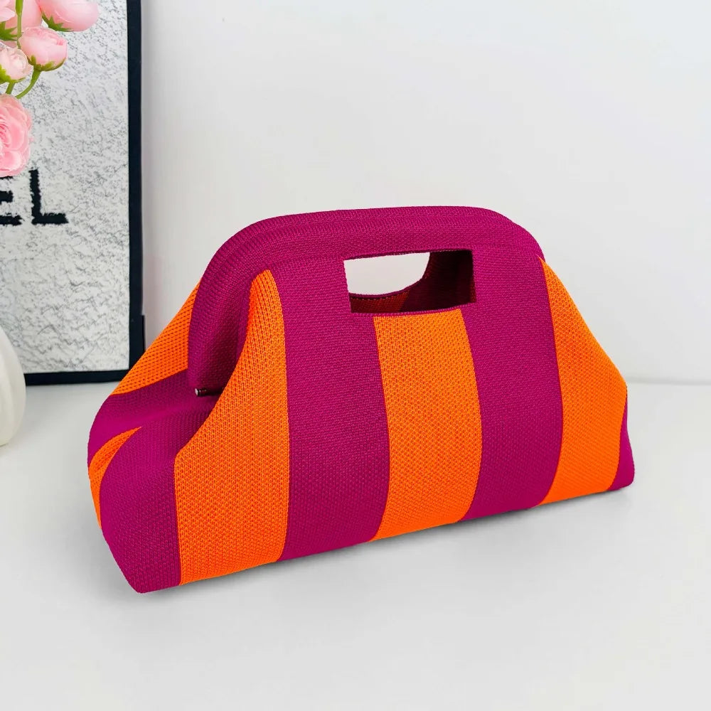 New Woven Bag Hollow-Out Striped Knitted Handbag Fly-Knitted Cloud Versatile Portable Cosmetic Bag