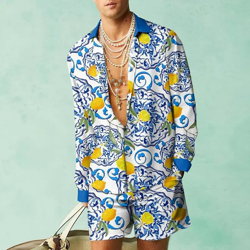 2PCS Suits Men Fashion Shirts+Shorts Two Piece Sets Hawaii Shirts Luxury European Shirt Sets Beach Vocation Outfits Streetwear
