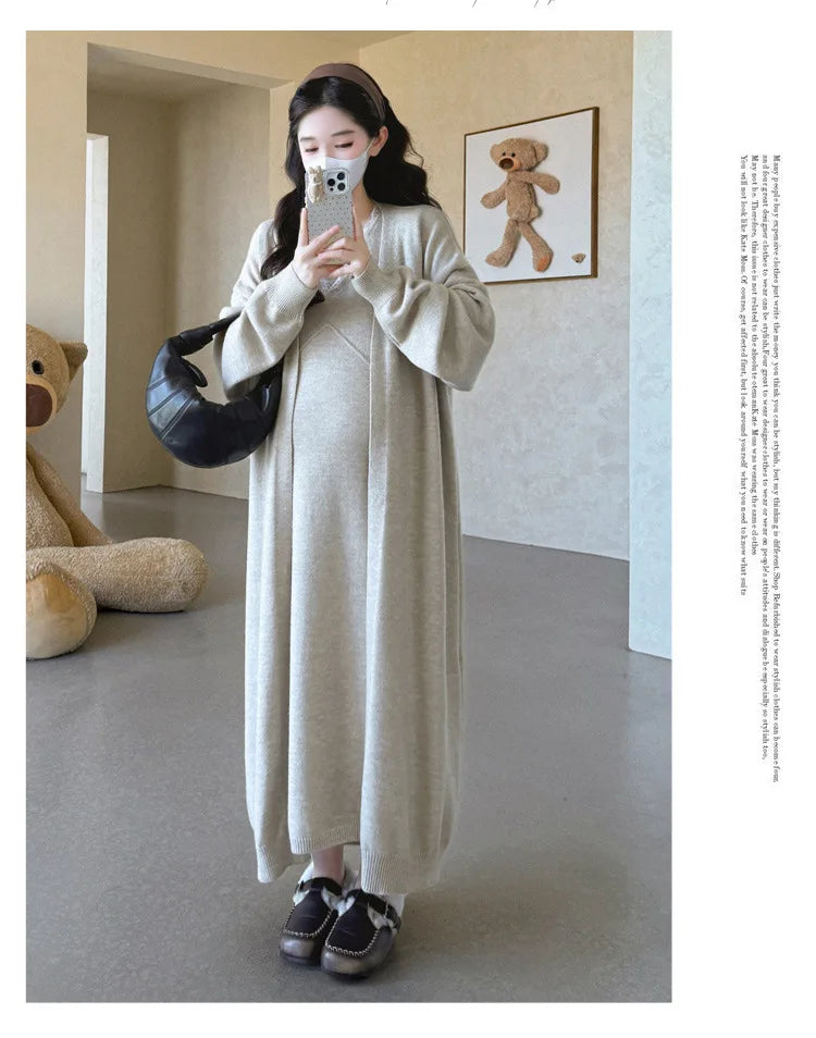Maternity Suit  Autumn High-End Lazy Style Versatile Long Coat And Lace Paneled V Neck Straight Tank Dress Two Piece Set