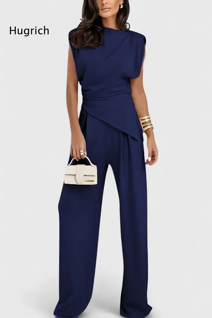 Women's Sleeveless High Waist Wide Leg Pants Set Elegant Solid Color Casual Two Piece Outfit for Summer Office Wear Fashion